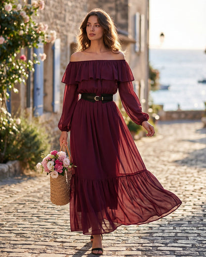 Vestido Longo Vinho com Babados e Decote Canoa