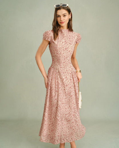 Vestido longo floral rosa com gola alta