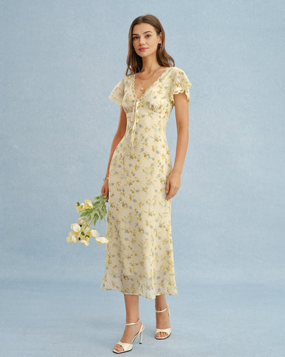 Vestido Longo Floral de Renda com Decote em V — Amarelo