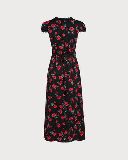 Vestido Longo Floral Preto com Decote em V