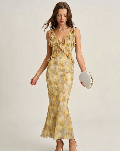Vestido slip longo com babados — Amarelo
