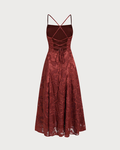 Vestido Longo Floral Vermelho Tijolo com Detalhe Cruzado em X