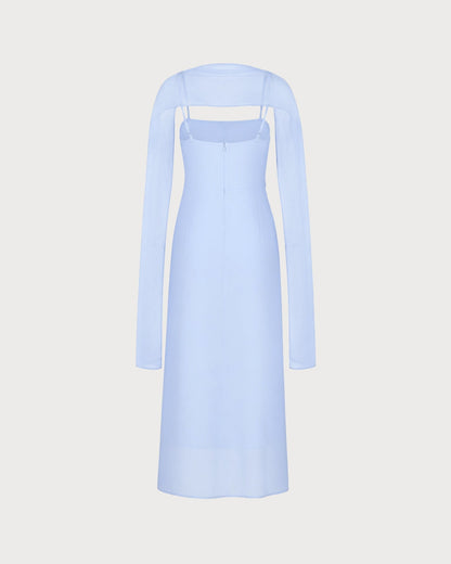 Vestido longo em chiffon azul com decote drapeado e alças