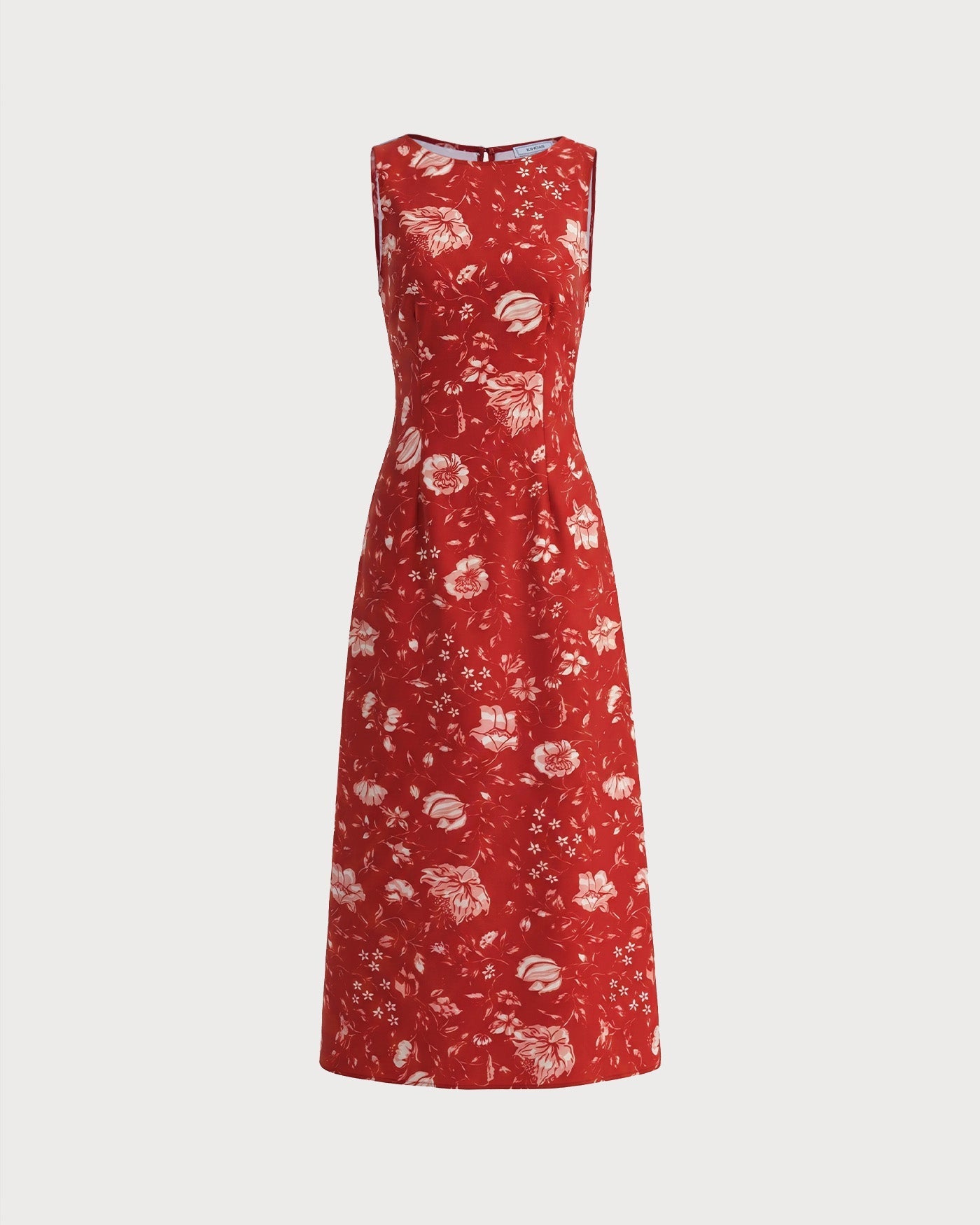 Vestido Longo Vermelho com Decote Canoa, Estampa Floral e Fenda