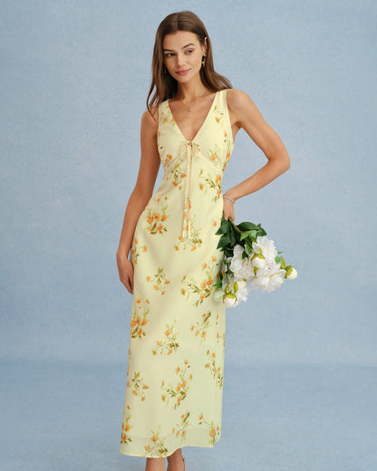 Vestido maxi de chiffon floral com decote em V — Amarelo