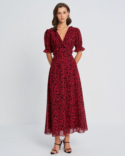 Vestido longo floral vermelho com decote em V