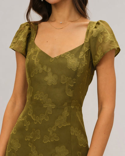 Vestido longo em jacquard com decote coração — Verde