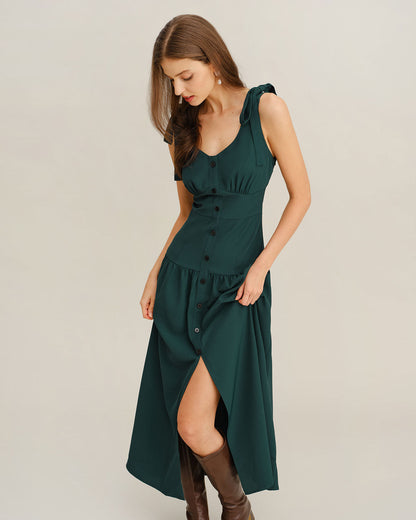 Vestido longo evasê sem mangas com franzido — Verde