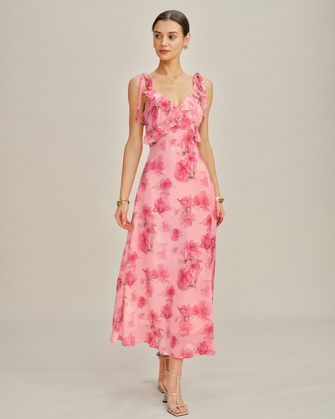 Vestido Longo Estilo Slip em Chiffon Rosa Floral com Babados