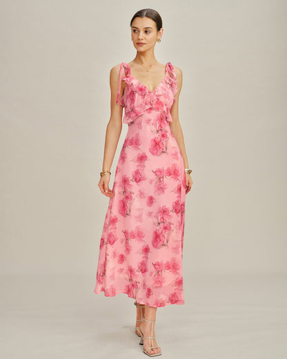 Vestido Longo Estilo Slip em Chiffon Rosa Floral com Babados