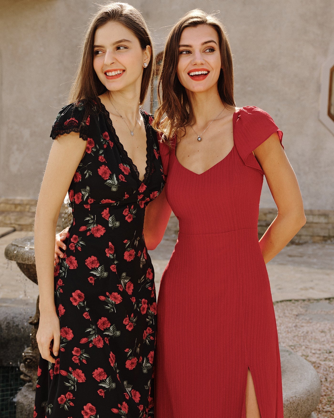 Vestido longo em jacquard com decote coração — Vermelho