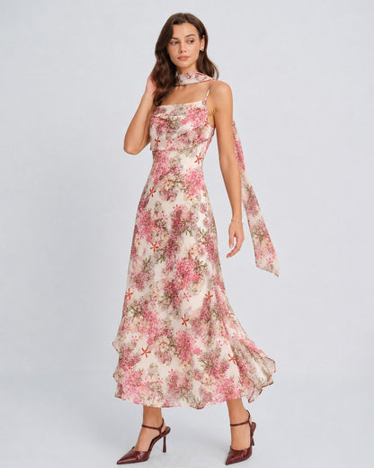 Vestido longo slip em chiffon floral rosa