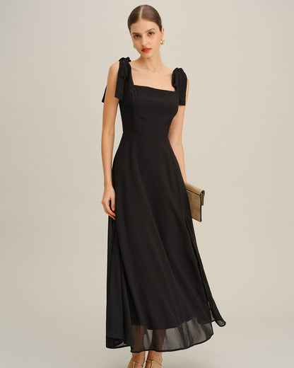 Vestido Maxi de Chiffon com Alças de Amarrar — Preto