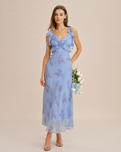 Vestido longo floral azul com babados e alças de amarrar