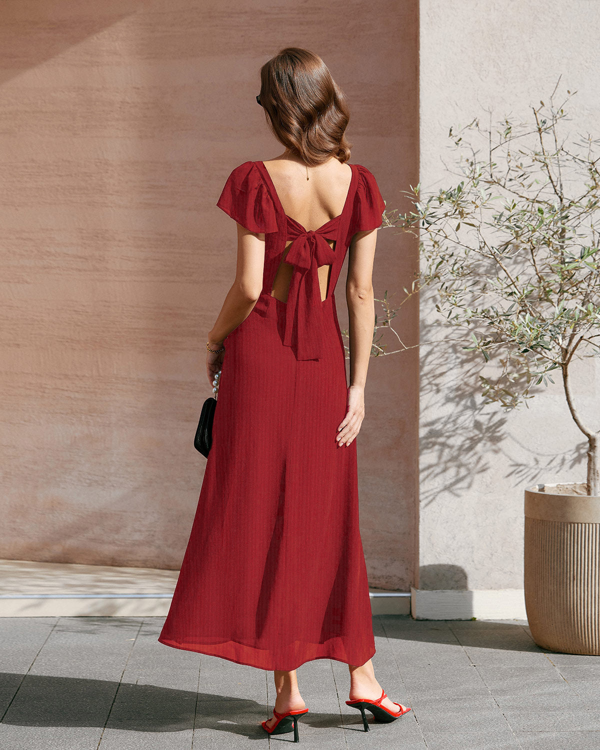 Vestido longo em jacquard com decote coração — Vermelho