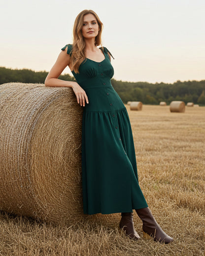 Vestido longo evasê sem mangas com franzido — Verde