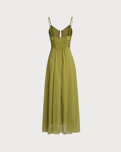 Vestido slip longo com franzidos — Verde