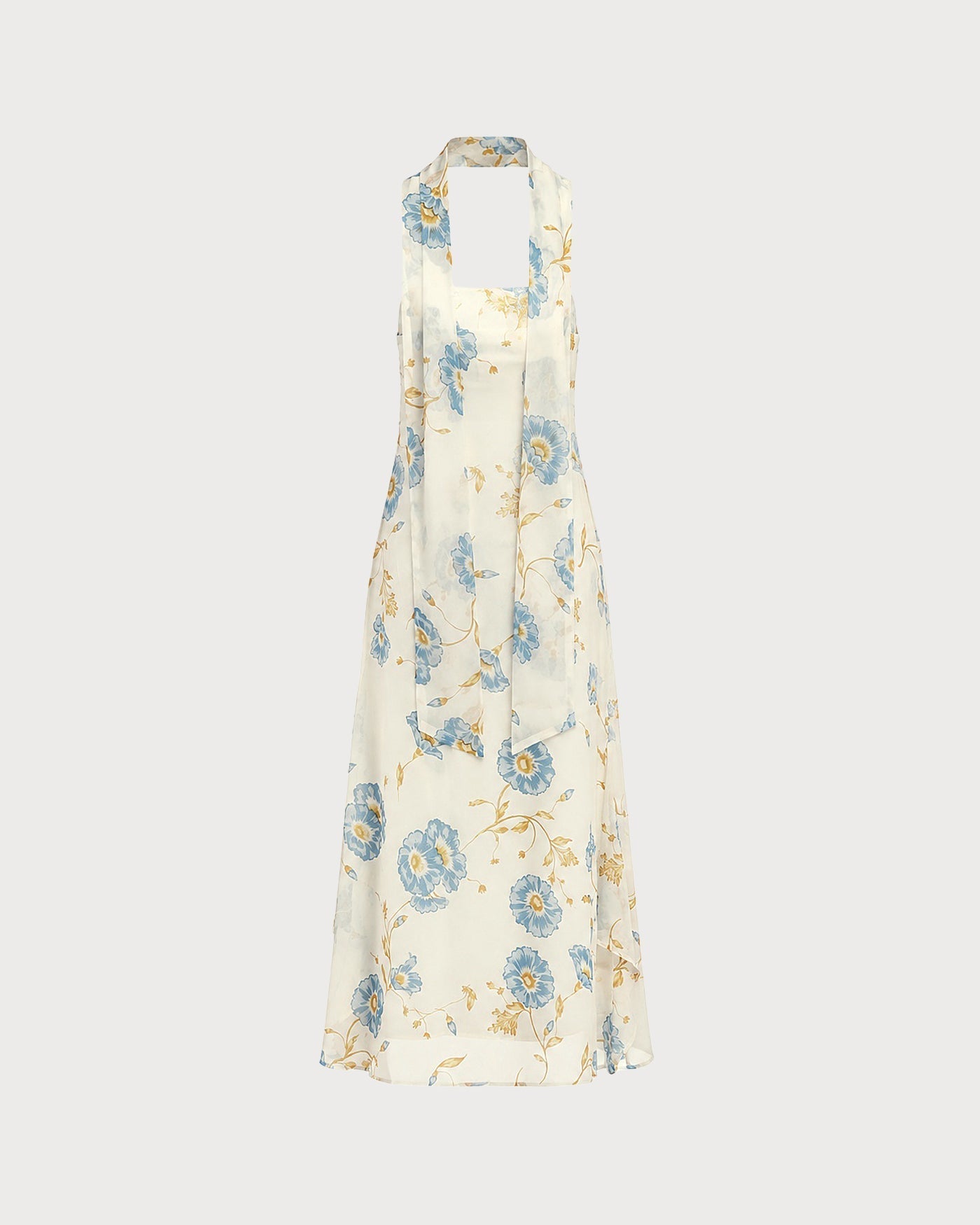 Vestido longo floral em chiffon bege com amarração