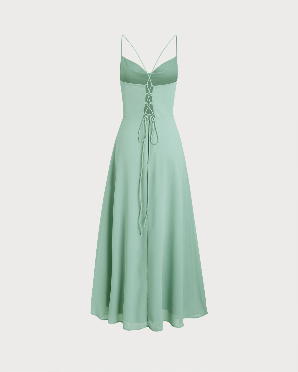 Vestido longo slip verde com corte A e costas à mostra