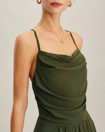 Vestido maxi slip em chiffon verde, corte em A