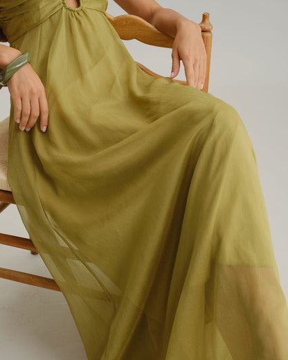 Vestido slip longo com franzidos — Verde