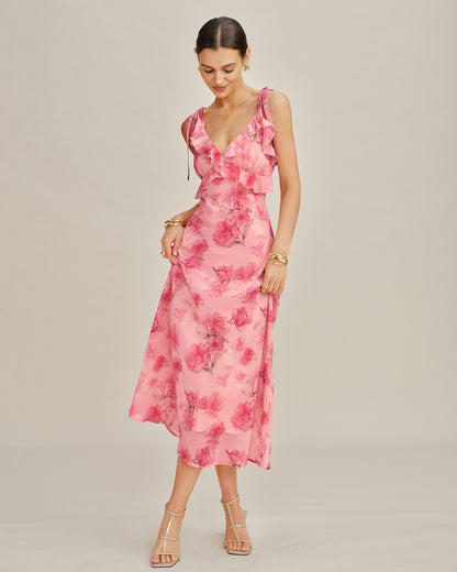 Vestido Longo Estilo Slip em Chiffon Rosa Floral com Babados