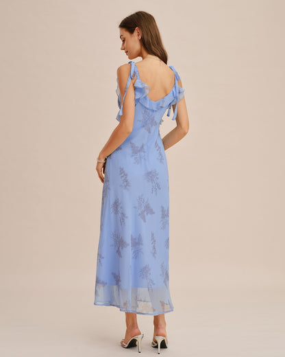 Vestido longo floral azul com babados e alças de amarrar