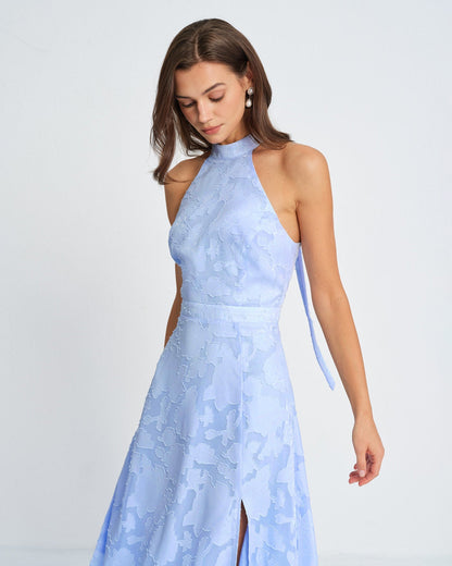 Vestido longo em jacquard com gola alta — Azul