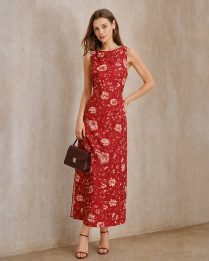 Vestido Longo Vermelho com Decote Canoa, Estampa Floral e Fenda