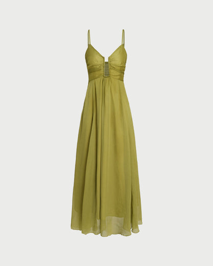 Vestido slip longo com franzidos — Verde