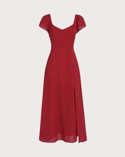 Vestido longo em jacquard com decote coração — Vermelho