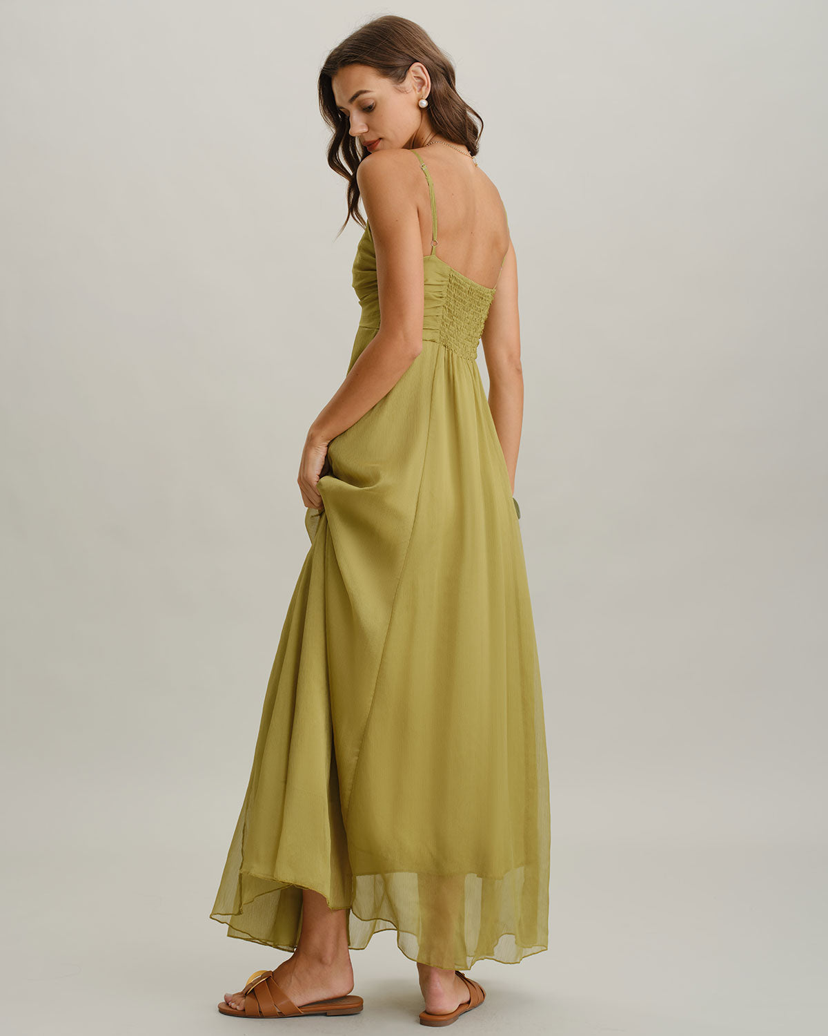 Vestido slip longo com franzidos — Verde