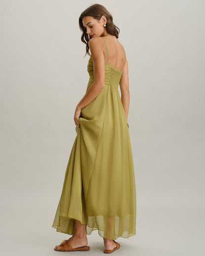 Vestido slip longo com franzidos — Verde