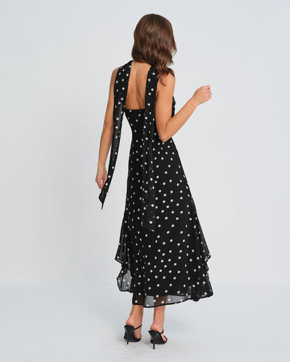Vestido slip longo em poá preto