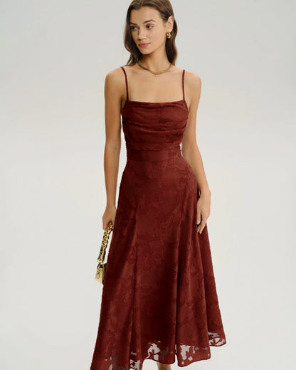Vestido Longo Floral Vermelho Tijolo com Detalhe Cruzado em X