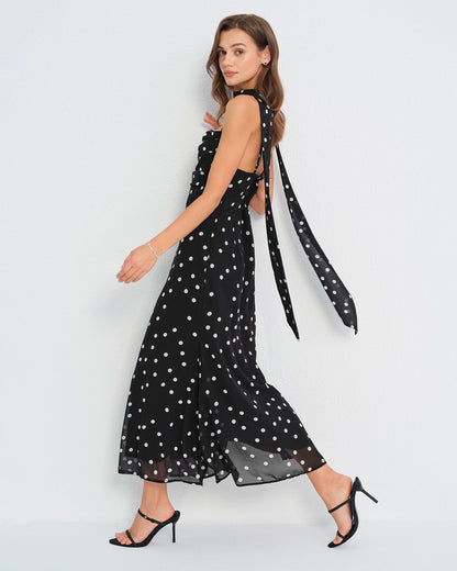 Vestido slip longo em poá preto