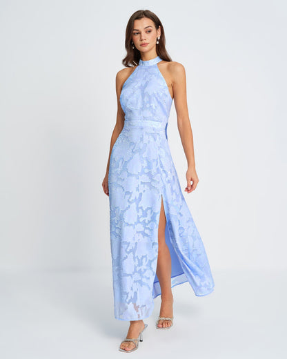 Vestido longo em jacquard com gola alta — Azul