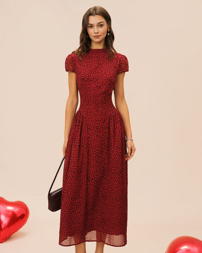 Vestido longo floral vermelho com manga tipo capa