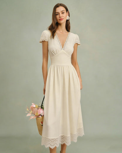 Vestido longo em renda com decote em V — Damasco