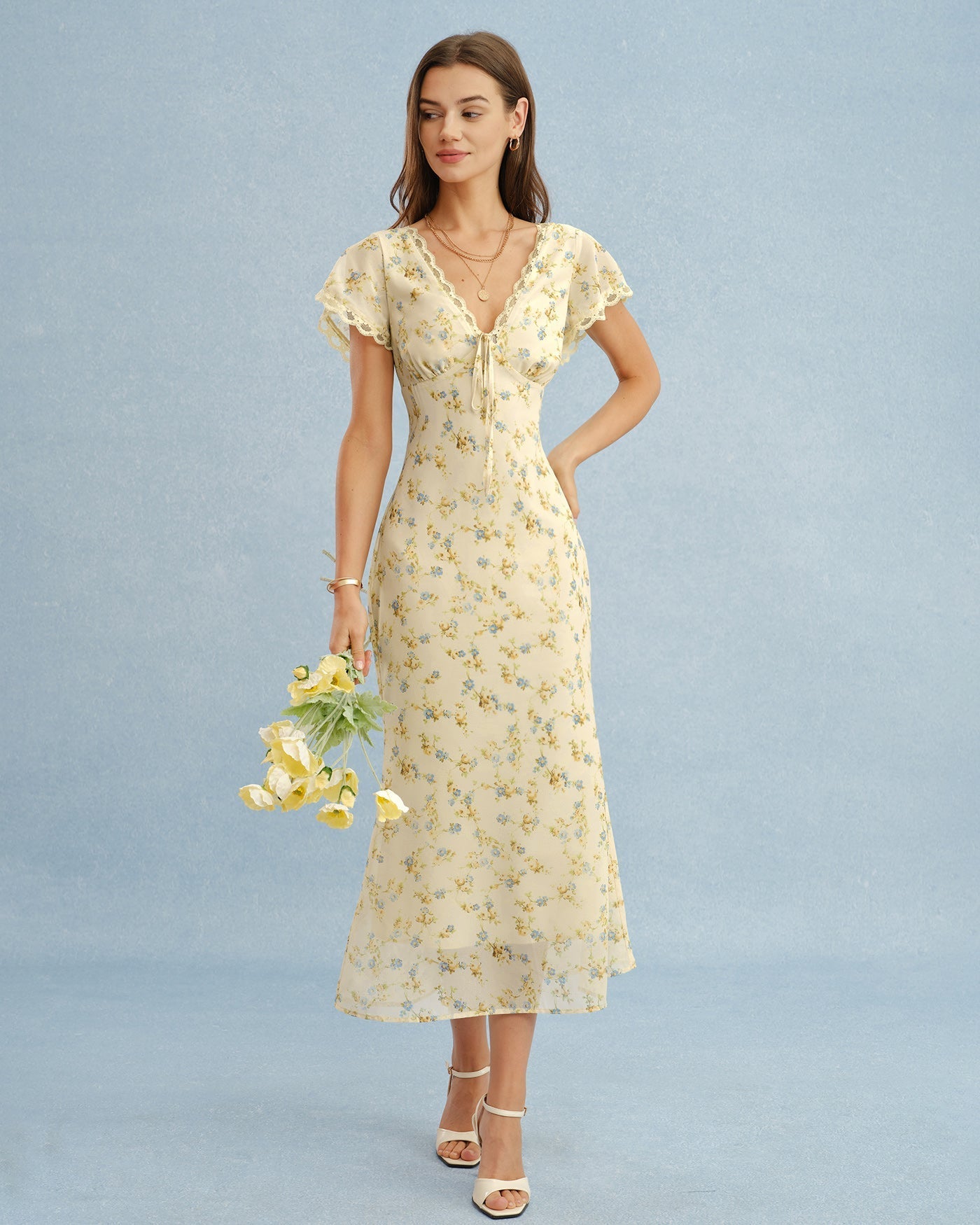 Vestido Longo Floral de Renda com Decote em V — Amarelo