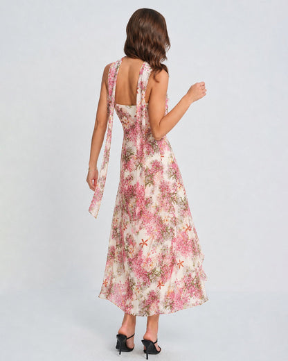 Vestido longo slip em chiffon floral rosa