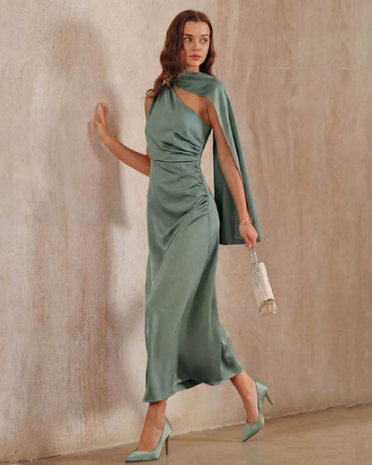 Vestido longo de cetim com um ombro só — Verde