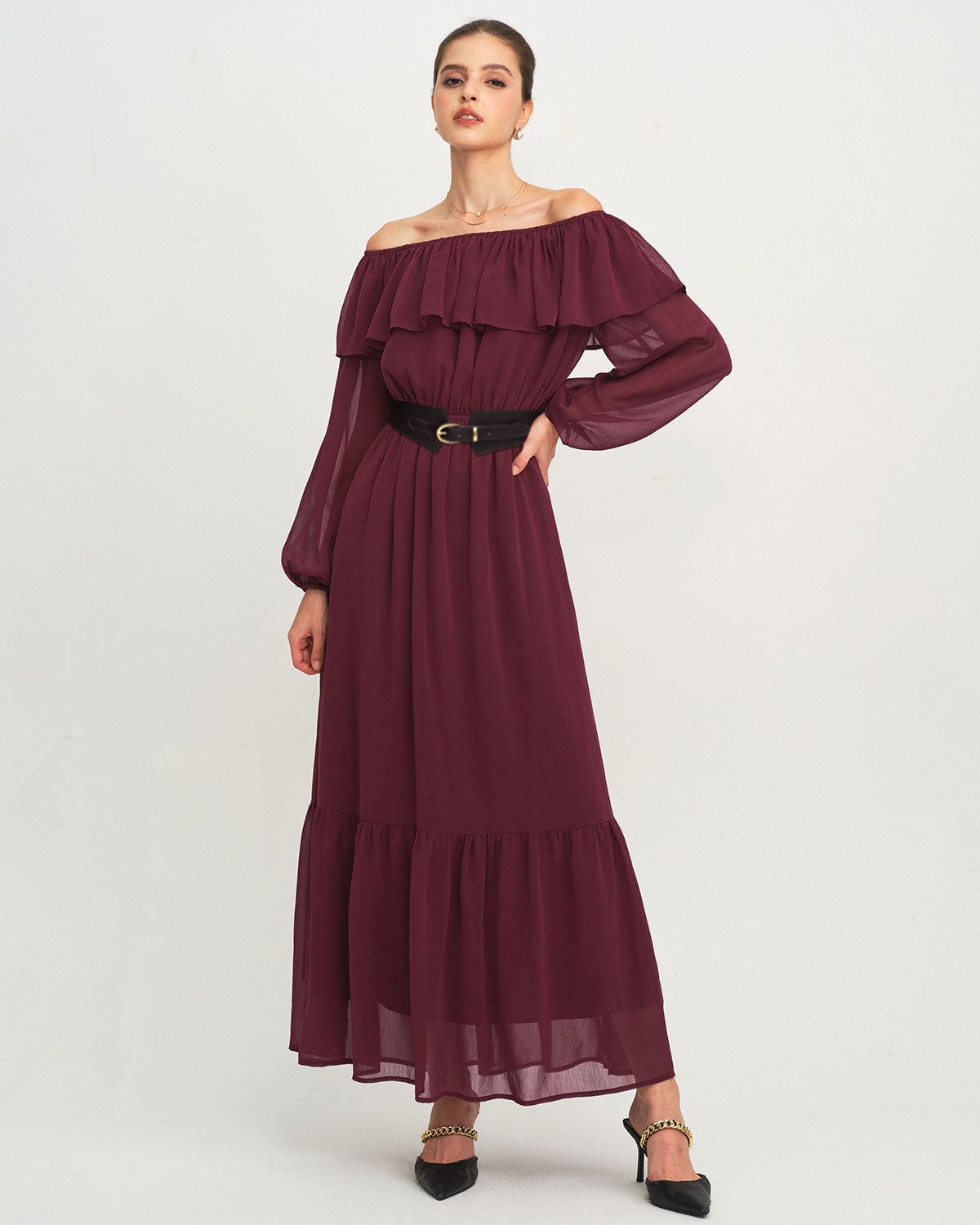 Vestido Longo Vinho com Babados e Decote Canoa
