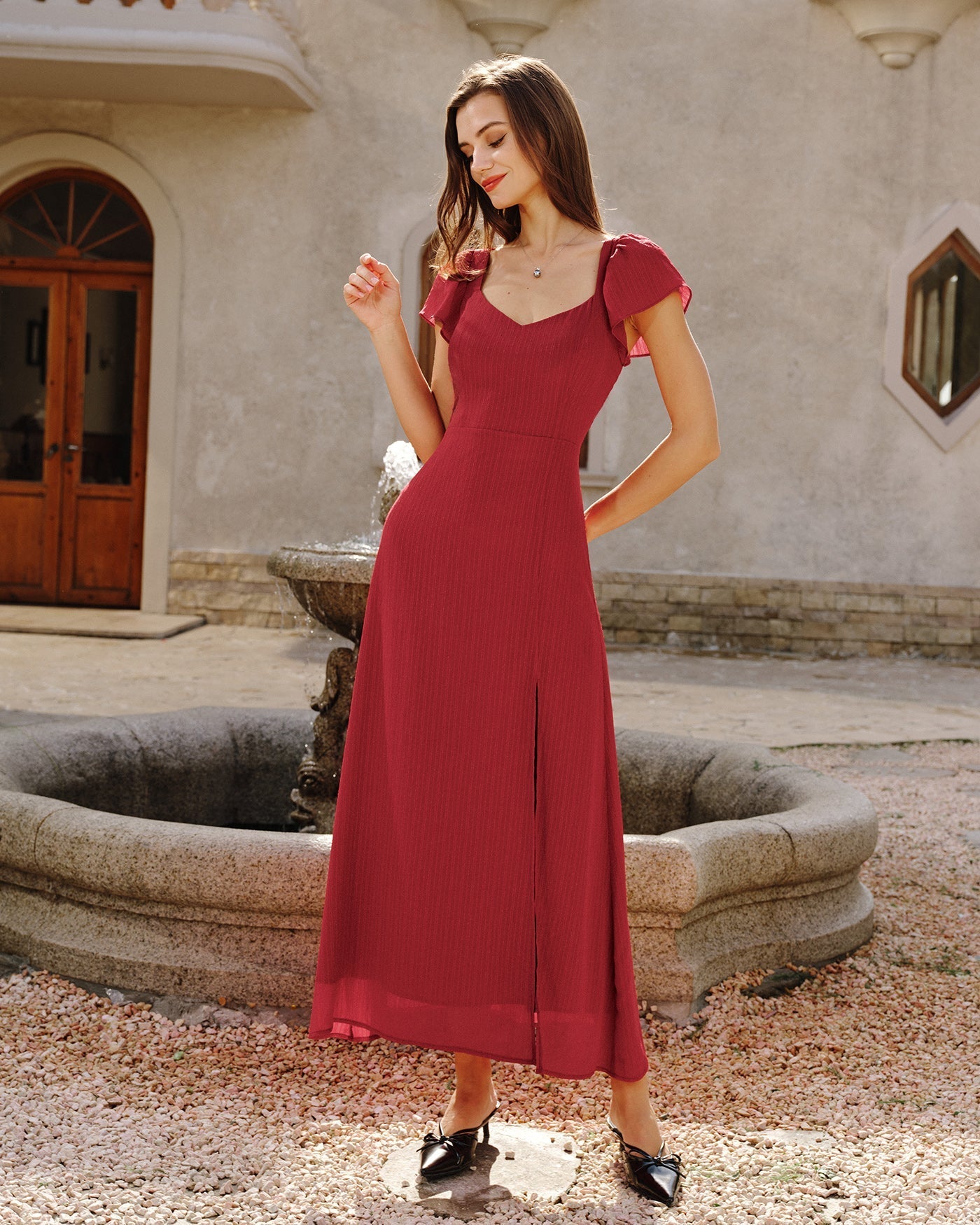 Vestido longo em jacquard com decote coração — Vermelho