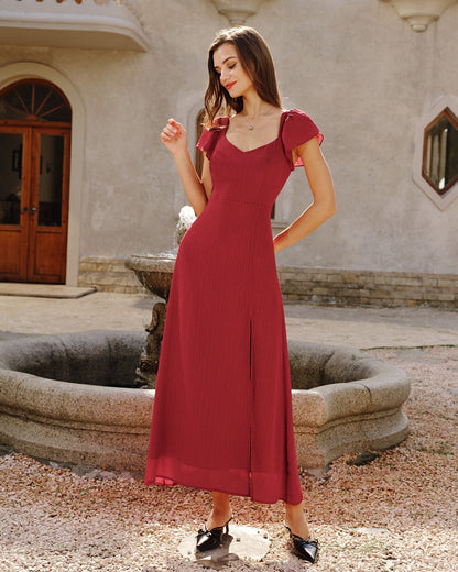 Vestido longo em jacquard com decote coração — Vermelho