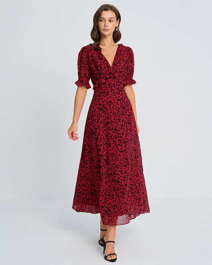 Vestido longo floral vermelho com decote em V