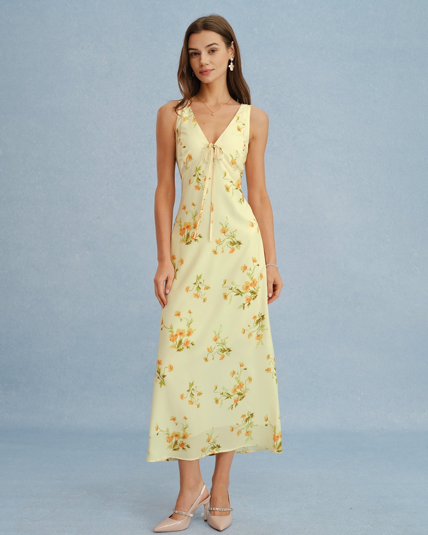 Vestido maxi de chiffon floral com decote em V — Amarelo