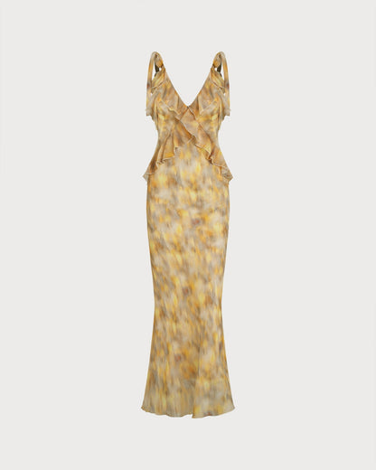 Vestido slip longo com babados — Amarelo