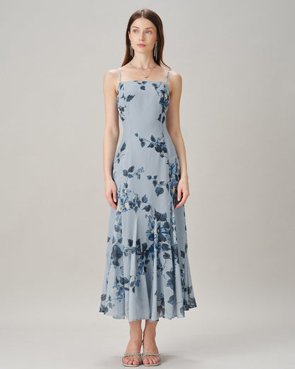 Vestido longo sem mangas em chiffon floral azul