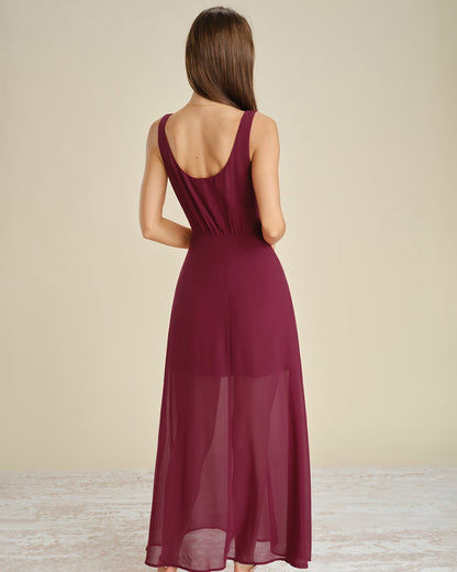 Vestido longo de chiffon com fenda e botões — Vinho